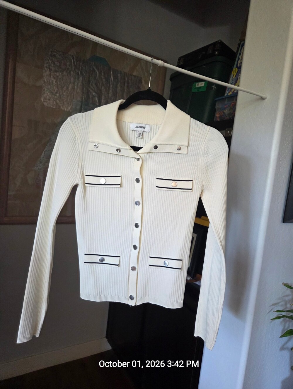 Jason Wu Cream Knitted Ribbed Button-Front Jacket - Picture 2 of 5